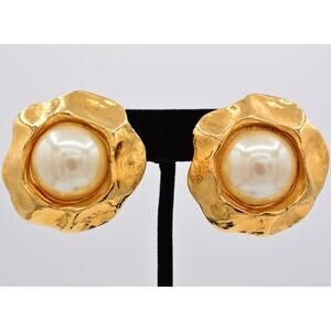 Serafina Vintage Clip On Earrings Faux Pearl Gold Heavy Chunky USA Signed BinAR